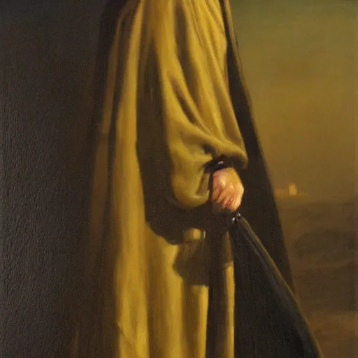 Prompt: a man wearing long dark shadowy cloak, golden chains, face covered by shadow, oil painting, high detail