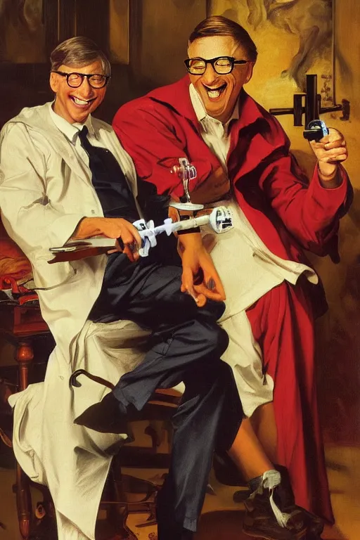 Image similar to Bill Gates smiling maniacally, holding a syringe, threatening to inject a frightened woman, artstation, by J. C. Leyendecker and Peter Paul Rubens,