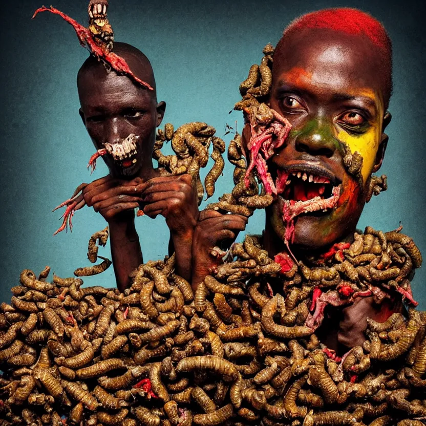 Image similar to a very colorful and beautiful ( flesh - eating ) tsikalawa, eating the leg of a terrified man, standing on top of a mountain of maggots, schizophrenic hallucination, by alexandro judorowski and basia tran, fear, morbid, nightmare, supernatural, 8 k, digital art, highly detailed, chiaroscuro, creepy, terrifying