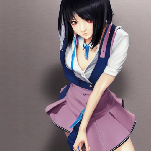 Image similar to luxury advertisement, astonishing portrait of a very beautiful anime schoolgirl with black bob hair, full perfect face, she is dancing. Realistic, highly detailed background, artstation, 120 degree view, drawn by Sasoura, Satchely and Akihiko Yoshida, no distortion