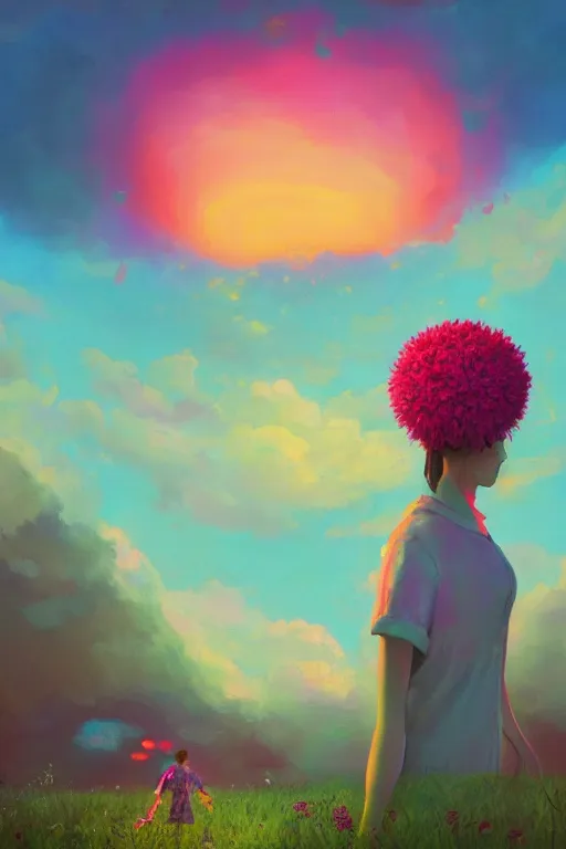 Image similar to closeup, giant flower as a head, girl surrounded by djungle, surreal photography, sunrise light, colorful clouds, impressionist painting, digital painting, artstation, simon stalenhag