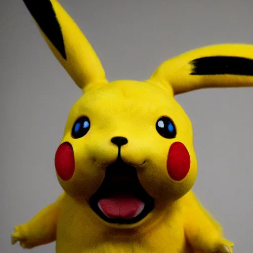 Prompt: a badly taxidermized pikachu, scary, creepy lighting