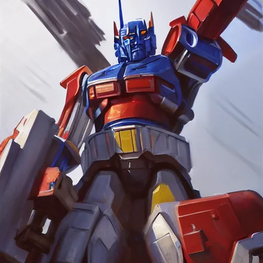 Image similar to greg manchess portrait painting of optimus prime the transformer as overwatch character, medium shot, asymmetrical, profile picture, organic painting, sunny day, matte painting, bold shapes, hard edges, street art, trending on artstation, by huang guangjian, gil elvgren, ruan jia, greg rutkowski, gaston bussiere