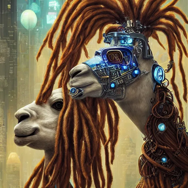 Prompt: llama with dreadlocks, cyberpunk, by mandy jurgens, ernst haeckel, james jean