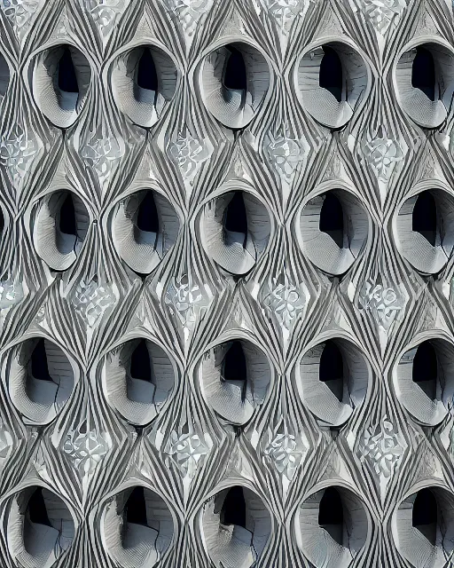 Image similar to one point perspective photo of a futuristic biomimicry oasis house facade made of vaults + sandstone tiles + the facade is elegant and made of a biomimicry nature algae with ornate patterns + led light + spiral stairs + photo taken on a misty morning + architectural photography, 8K, photorealistic