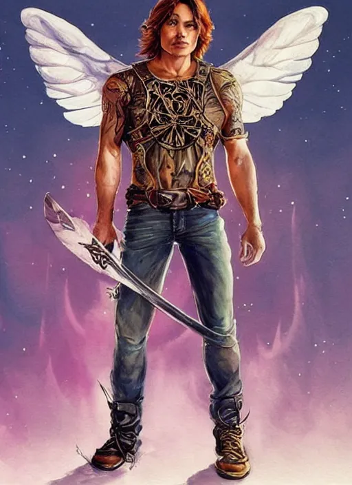 Image similar to high Fantasy Sam Winchester is a muscular armoured angel holding swords angei wings wide open, teared apart T-Shirt and jeans, red Sneakers, whole body tattooed with runes and satanic symbols, D&D!, fantasy style, sharp focus!, ultra detailed, art by Artgerm and Peter Andrew Jones, WLUP