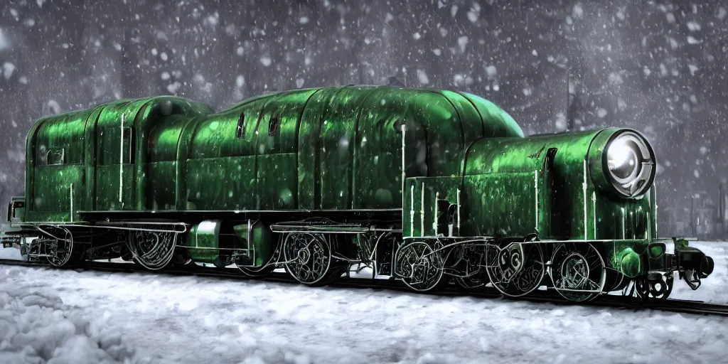 Image similar to hybrid of steel streamline retro train and gothic cathedral church, green locomotive lantern, streamline style, art Deco style, high details,Gothic style, octane render, 8k, artstation, diselpunk, snow