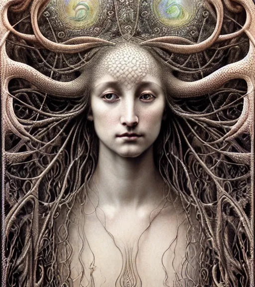 Image similar to detailed realistic beautiful rain goddess face portrait by jean delville, gustave dore, iris van herpen and marco mazzoni, art forms of nature by ernst haeckel, art nouveau, symbolist, visionary, gothic, neo - gothic, pre - raphaelite, fractal lace, intricate alien botanicals, ai biodiversity, surreality, hyperdetailed ultrasharp octane render
