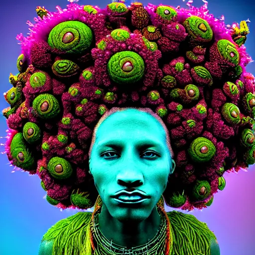 Image similar to an african marijuanna! shaman with an afro made of flowers, third eye art art by machina infinitum, complexity from simplicity, rendered in octane, mandelbulb 3 d, ambient occlusion, radiant lighting, macro photography, felt!!! texture, tribal, pastel! retrowave