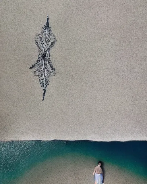 Prompt: a woman standing at the shore, made of intricate decorative lace leaf skeleton, shot from a drone, in the style of the dutch masters and gregory crewdson, dark and moody