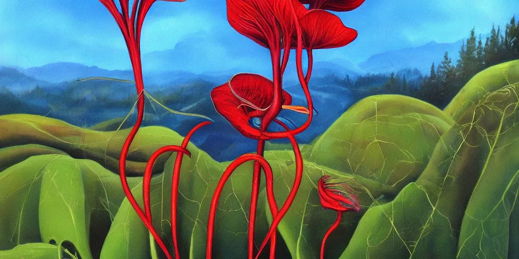 Image similar to surreal painting of a carnibora plant in a beautiful landscape