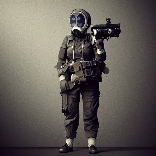 Image similar to woman with s 1 0 gas mask and a tactical uniform, mechanically augmented, trending on artstation, mysterious