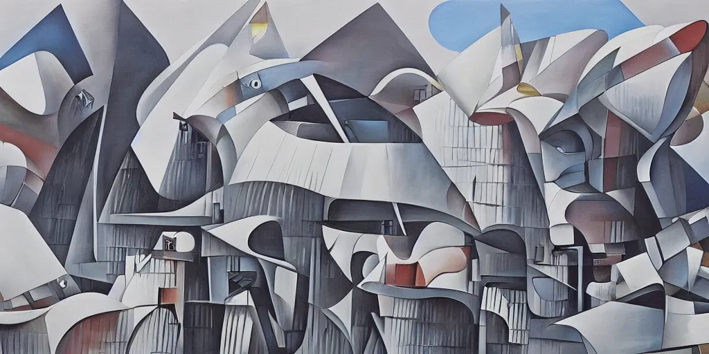 Image similar to a painting of abstract buildings like santorini by zaha hadid and yves tanguy and aaron horkey