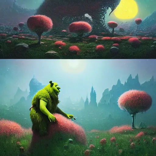 Image similar to a fantastic hyperdetailed 3 d matte painting of shrek partially covered in overgrowing wildflowers on an alien planet under arctic moonlight by moebius by beeple by by jakub rozalski by paul lehr by dan mumford