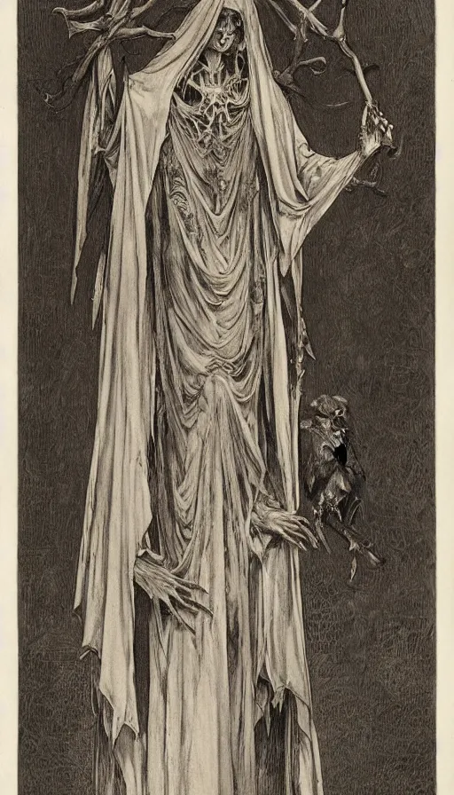 Prompt: cloaked demon woman muted fall colors, robes veil, exposed bones, horns palace on a throne of bones lithograph, engraving, etching, printmaking, exposed bones, occult, tarot, octane render ,caravaggio alphonse mucha, long boney limbs