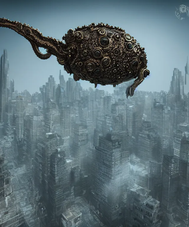 Prompt: metallic cthulhu - cybog hovering over a city. shiny, gradient lighting, detailed, full - body, concept art, hyper - realistic, octan render, 8 k