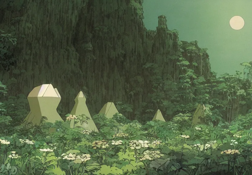 Image similar to a movie still from a studio ghibli film showing several large white pyramids in a swampy jungle. by studio ghibli