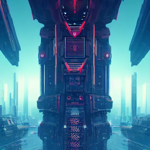 Image similar to A dream beyond horizon. ArtStation, Cyberpunk, Vertical Symmetry, 8K, Highly Detailed, Intricate, Album Art.