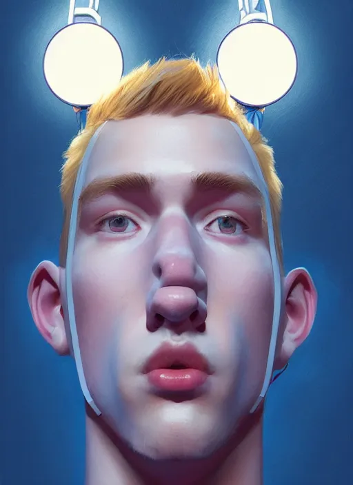 Image similar to portrait of high school senior boy named big moose, blonde short hair, jock, beefy, wide face, square jaw, square facial structure, blue varsity jacket with letter r, intricate, elegant, glowing lights, highly detailed, digital painting, artstation, concept art, sharp focus, illustration, art by wlop, mars ravelo and greg rutkowski