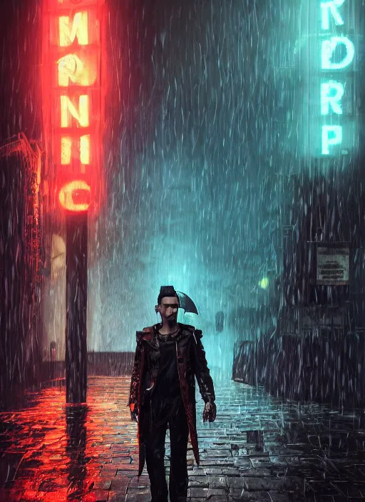 Image similar to An epic fantasy comic book style full body portrait painting of a very beautiful Industrial goth Trent Reznor walking in the rain, neon reflections in the rain puddles, character design by Mark Ryden and Pixar and Hayao Miyazaki, unreal 5, DAZ, hyperrealistic, octane render, cosplay, RPG portrait, dynamic lighting, intricate detail, cinematic