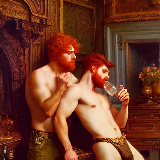 Image similar to attractive male mike with ginger hair with attractive male tyler with brunet hair, drinking their hearts out, in their noble mansion. highly defined painting, highly detailed painting by gaston bussiere, craig mullins, donato giancola 8 k