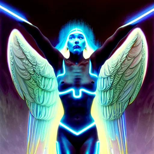 Prompt: tron angel, innocent face, psychedelic lsd, diffuse lighting, hyper realistic, elegant, intricate, hyper detailed, smooth, sharp focus, concept art, illustration, trending on artstation, art by john collier, artem demura, greg rutkowski, james gurney, and alphonse mucha