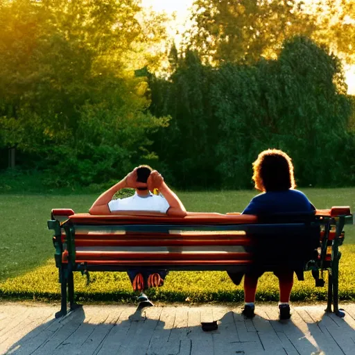 Prompt: a couple sitting on a park bench, golden hour