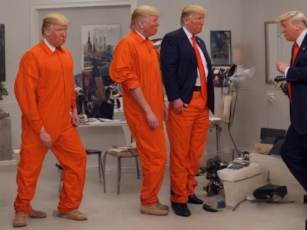 Prompt: screenshot of donald trump in arrested development wearing an orange jumpsuit