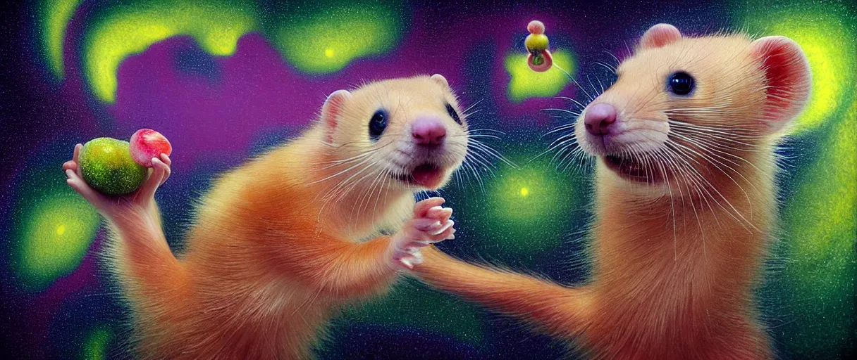 Prompt: hyper detailed 3d render like a Oil painting - kawaii portrait Aurora (playful golden haired pet Ferret) seen Eating of the Strangling network of yellowcake aerochrome and milky Fruit and Her delicate Hands hold of gossamer polyp blossoms bring iridescent fungal flowers whose spores black the foolish stars by Jacek Yerka, Mariusz Lewandowski, Houdini algorithmic generative render, Abstract brush strokes, Masterpiece, Edward Hopper and James Gilleard, Zdzislaw Beksinski, Mark Ryden, Wolfgang Lettl, hints of Yayoi Kasuma, octane render, 8k