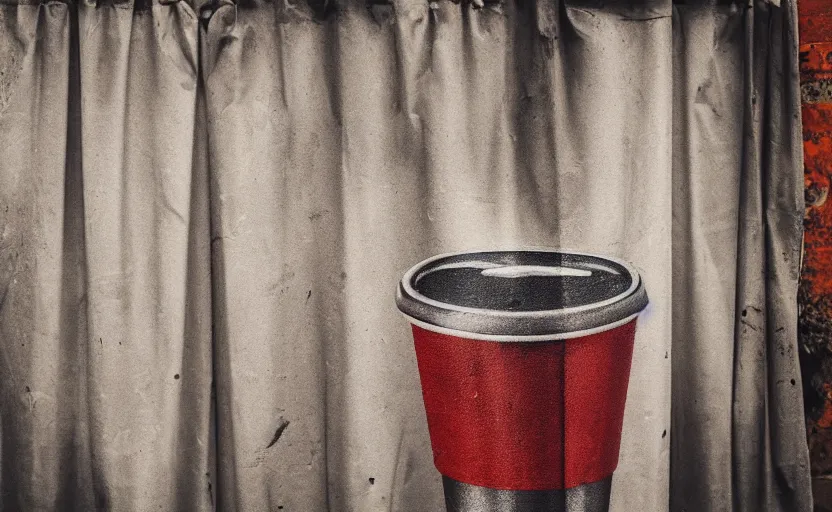 Image similar to a beautiful photo of coffe cup painted on the metal curtain of a shop on the street, artsy advertising