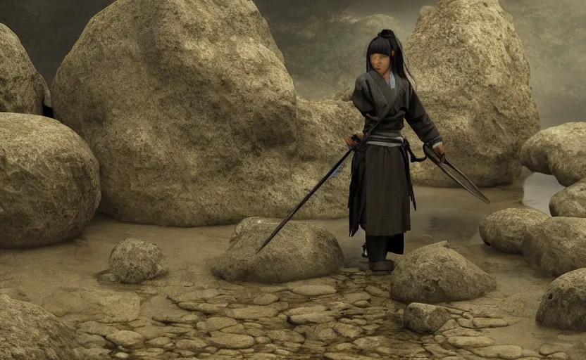 Image similar to highly detailed 3 d render of native japanese woman shinobi warrior standing in wet japanese village from sengoku period, surrounded by dense rock formations, high in mountains, blue night, cinematic lighting, raytracing, high contrast