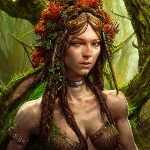Prompt: high definition digital fantasy character art, hyper realistic face, hyperrealism, elemental guardian of life, forest dryad, woody foliage, 8 k dop dof hdr fantasy character art, by aleski briclot and alexander'hollllow'fedosav and laura zalenga
