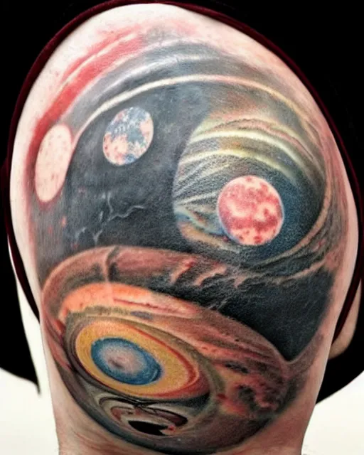 Image similar to planets on the top of a broken renaissance head statue, realism tattoo