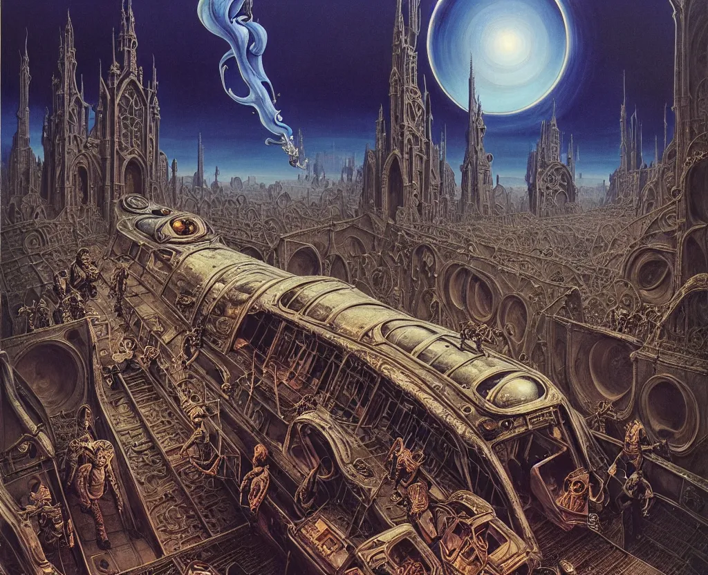 Image similar to fish eye view of detailed portrait, intricate complexity, huge gothic crematorium on desert planet, elevator, side ramp entrance vehicle, dead bodies, guards intricate, painting by lucian freud and mark brooks, bruce pennington, dark colors, neon, death, guards, nice style smoke