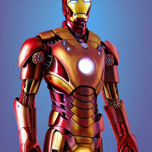 Image similar to steampunk Iron Man by H.R. Giger , full body, ornate, details, smooth, sharp focus, illustration, realistic, cinematic, artstation, award winning, rgb, ethereal blue lighting, 8K, H 1088