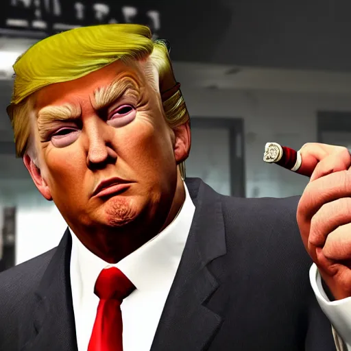 Prompt: gta v closeup Donald Trump holding cigar in his teeth, wearing badly stained white singlet