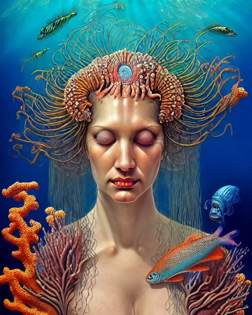 Image similar to realistic detailed underwater portrait of the goddess of the fish of the three times with an intricate headdress of corals, sea kelp, sea plants, fish, jellyfish, art by boris vallejo, ernst haeckel, zdzisław beksinski, gothic, neo - gothic, ornamental,