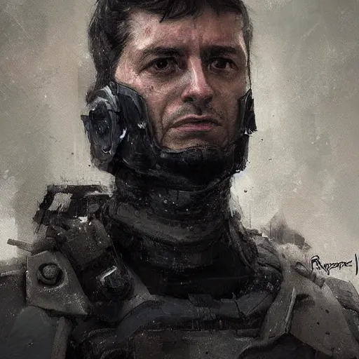 Prompt: Portrait of a man by Greg Rutkowski, he is about 40 years old, short black hair with bangs, his features are a mix between French, Turkish and Russian, expression of helplessness, sadness and resentment, he is wearing a futuristic tactical gear, highly detailed portrait, digital painting, artstation, concept art, smooth, sharp foccus ilustration, Artstation HQ.