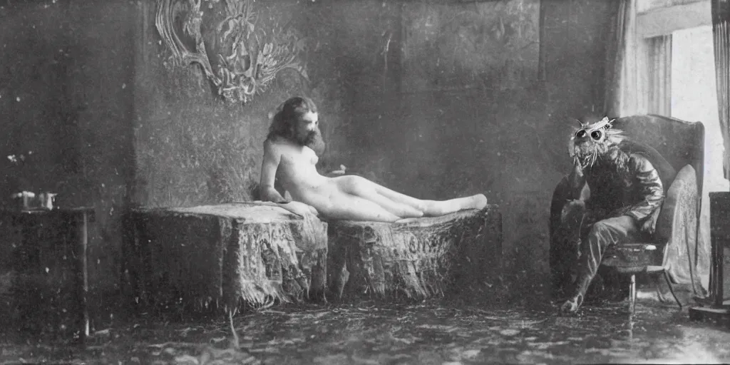 Prompt: mothman is sitting inside a luxurious room, wet version of photography, 1 9 0 0 s