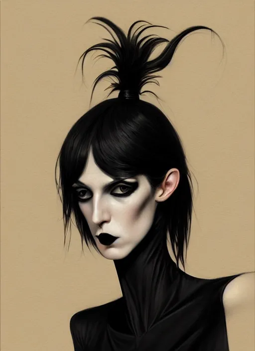 Image similar to portrait of a lanky woman with a crooked nose and a confident expression, 1 9 6 0 s, black clothes, goth, punk, funk, intricate, elegant, highly detailed, digital painting, artstation, concept art, smooth, sharp focus, illustration, art by wlop, mars ravelo and greg rutkowski