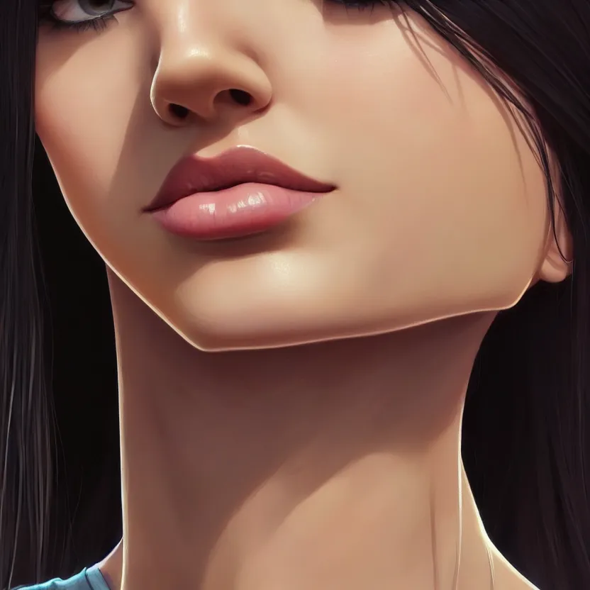 Image similar to full very close up neck shot of a beautiful victoria justice, in tshirt and no makeup, her morbid interests, irish, by saruei and guweiz and ilya kuvshinov and george miller, digital art, highly detailed, intricate, sharp focus, trending on artstation hq, deviantart, pinterest, unreal engine 5, 4 k uhd image