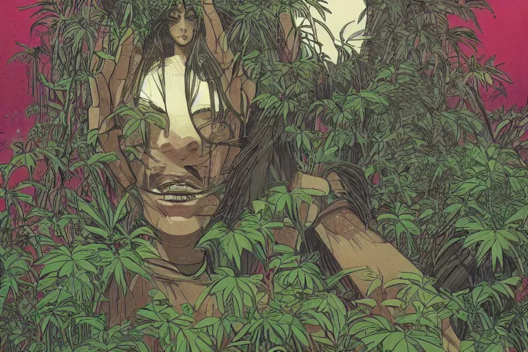 Image similar to gigantic robot - girl head floating in the space, a lot of exotic plants, trees, flowers, oldschool vintage sci - fi flat surreal grainy design, super - detailed, drawing by moebius, satoshi kon, craig gleason, hd, 4 k, high quality