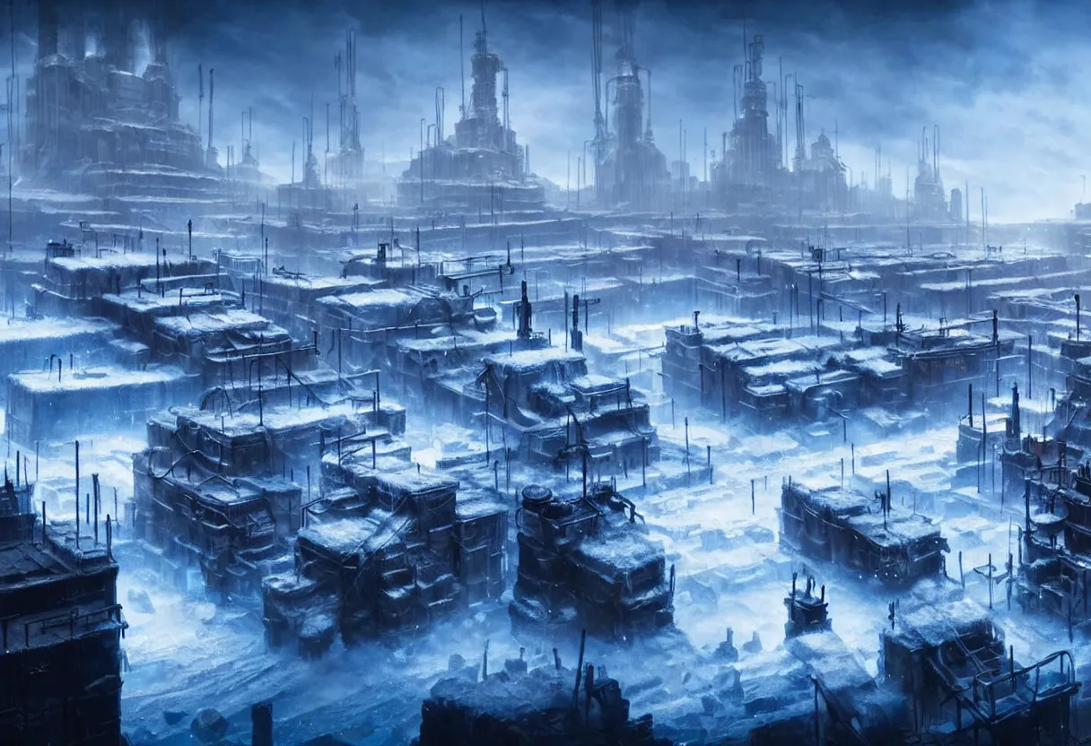 Image similar to frostpunk style concept art of frozen city with industrial machines, matte painting, beautiful render, octane render, concept art