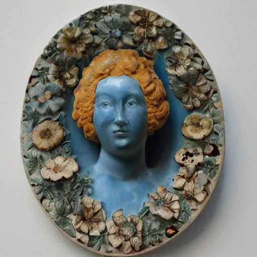 Prompt: a portrait of a beautiful woman sanitatem flores h 3 1 w 1 8 d 2 5 cm glazed stoneware, fragments 1 9 th century flower encrusted porcelain, like billie bond