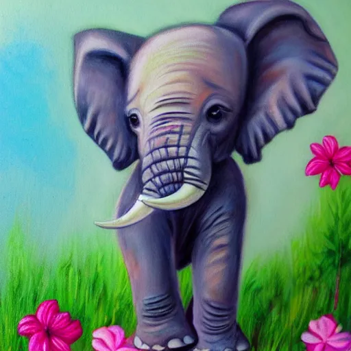 Prompt: whimsical portrait of cute baby elephant with flowers and pastel colors detailed painting 4k