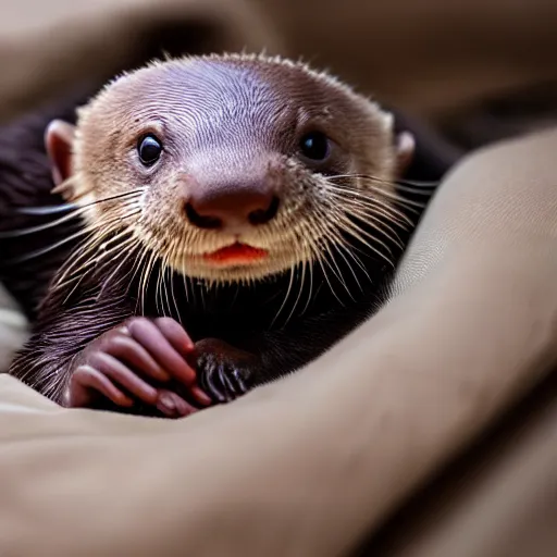 Image similar to an unbelievably cute baby otter laying in bed with a night cap on, high quality photography, 4k