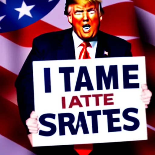 Image similar to a photo of Donald Trump holding a sign that says 'I hate signs !', cinematic