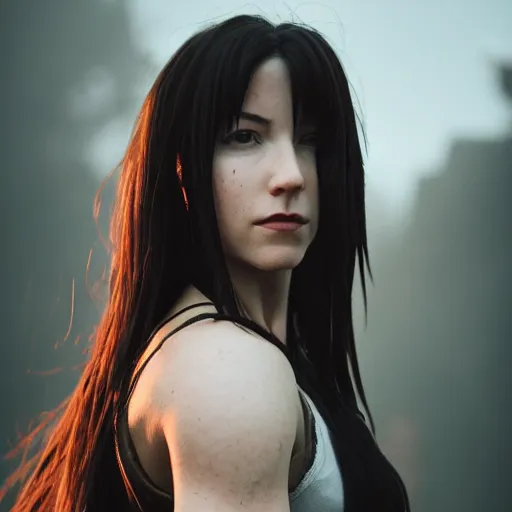 Image similar to Tifa Lockhart in real life, face centered portrait, Confident, fog, volumetric lighting, beautiful, golden hour, sharp focus, ultra detailed, by Leesha Hannigan, Ross Tran, Thierry Doizon, Kai Carpenter,Ignacio Fernández Ríos