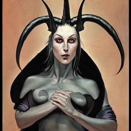 Image similar to portrait of a woman with horns and fully black eyes, by gerald brom