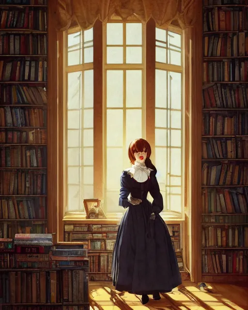 Prompt: a portrait of a victorian maid standing in a victorian reading room, window, bookshelf, holding a stack of books, vivid colors, soft lighting, atmospheric, cinematic, moody, in the style of Ilya Kuvshinov and Range Murata, Krenz Cushart, oil on canvas, anime, 8K